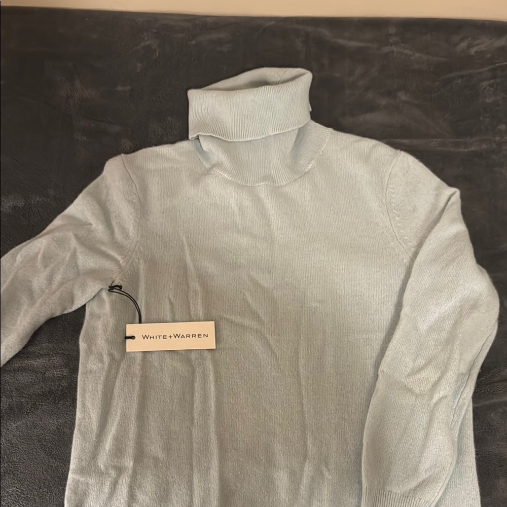 White + Warren Blue Cowl Neck Sweater